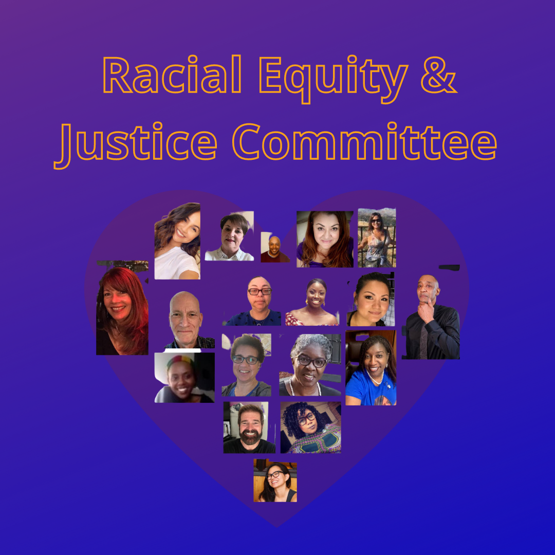 racial equity & justice committee text and a heart made from pictures of members