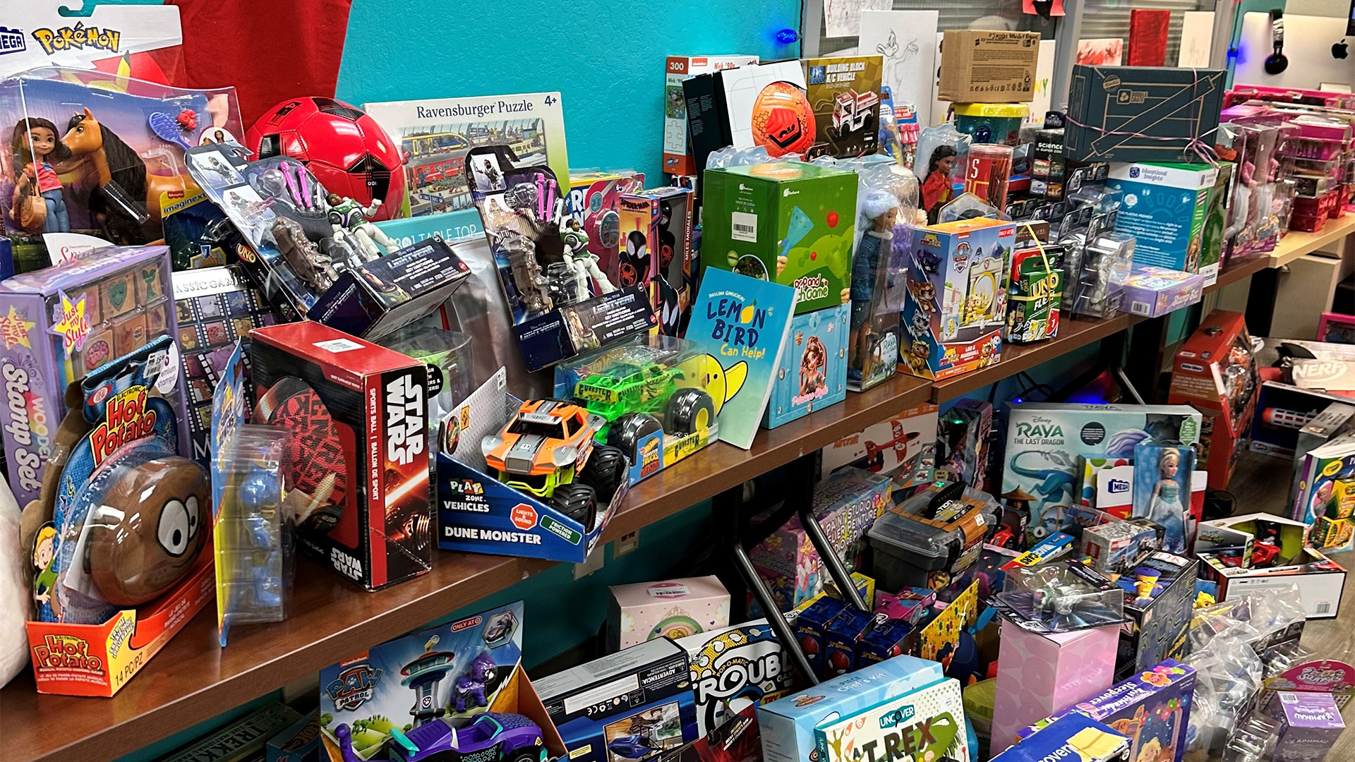A room full of donated toys and gifts
