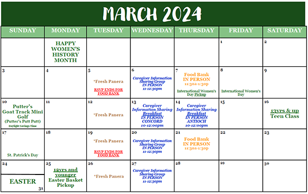Calendar of upcoming events and services for clients of the Kinship Support Services Program