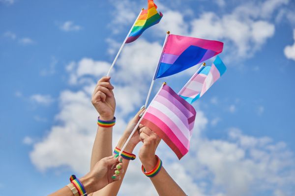 people holding colorful flags