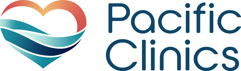 Pacific Clinics logo with heart shaped icon that has waves on the bottom half